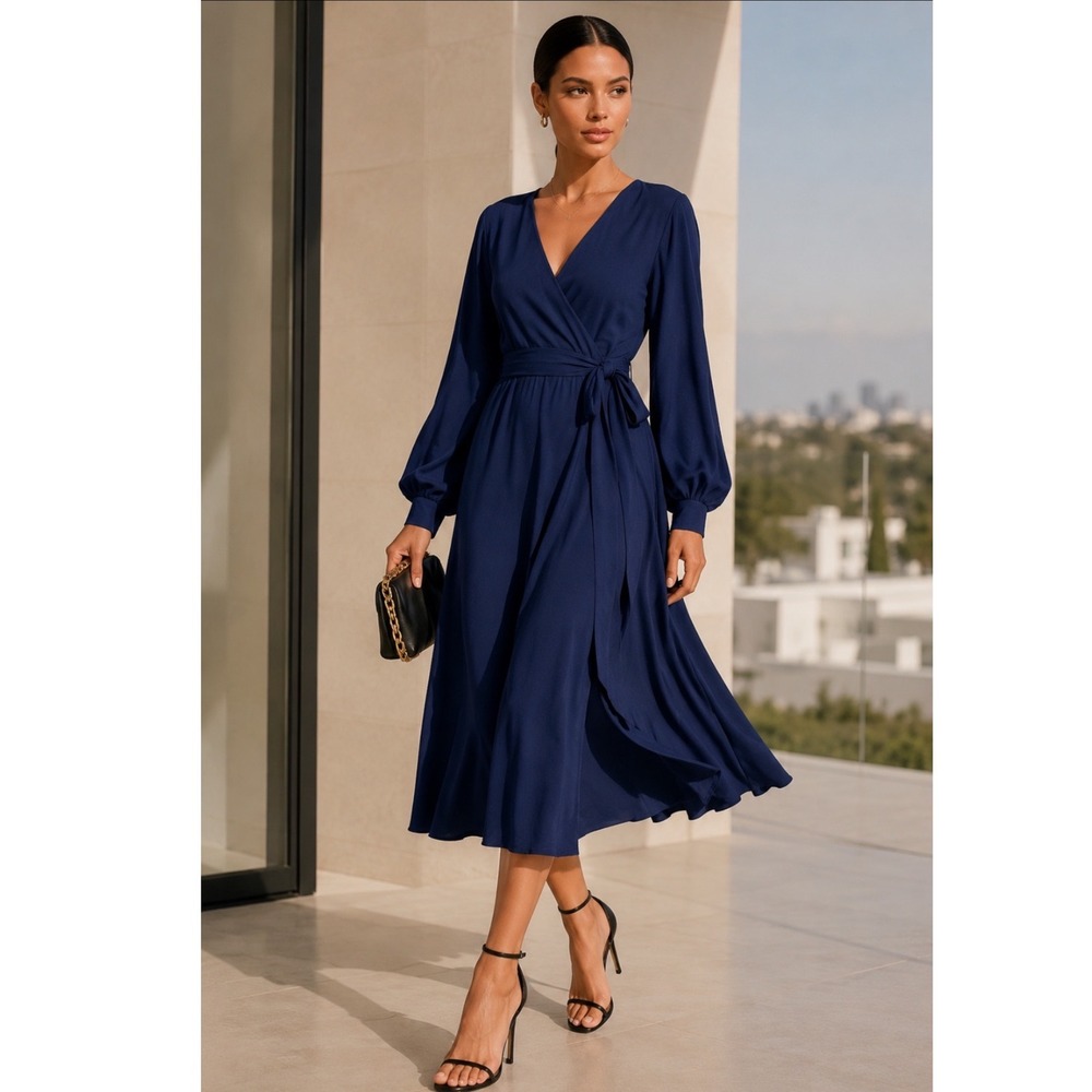 Meghan FABULOUS LILYPAD‎ WOMEN 3XL Navy Dress Long Sleeve Belted Midi